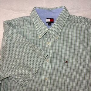 Tommy Hilfiger Mens XXL Green Blue Check Short Sleeve Button Down Shirt Pocket